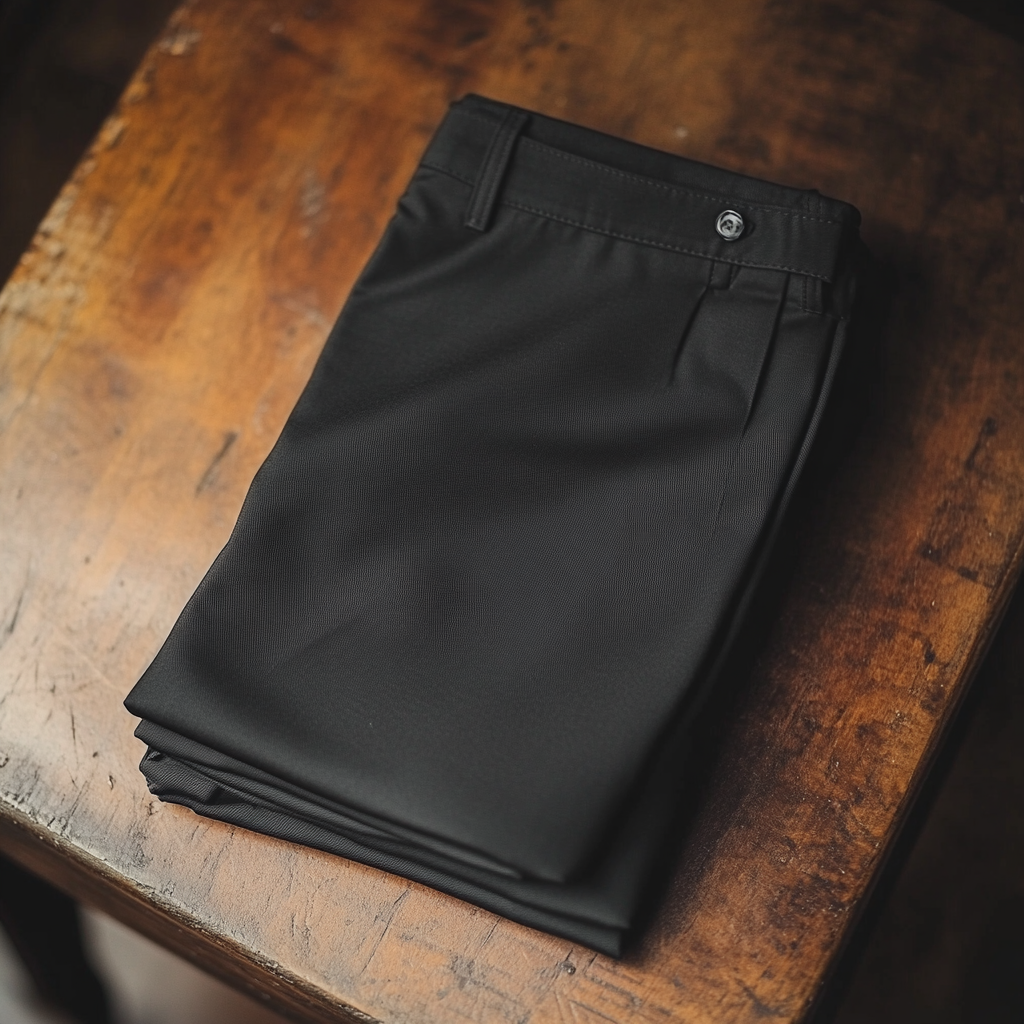 Folded dark cream chino trousers on polished wood surface.