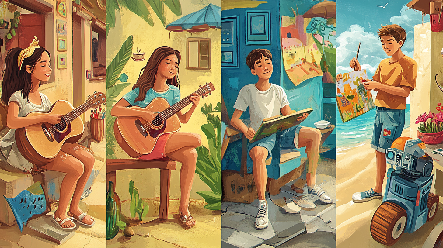 Folk art style illustration of tweens in 4 places.