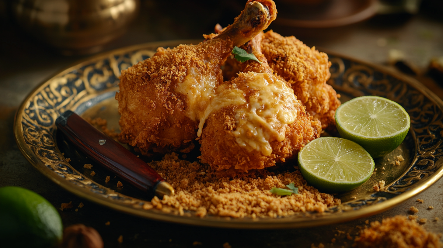 Food photography of fried chicken, Keris, cheese, lime.