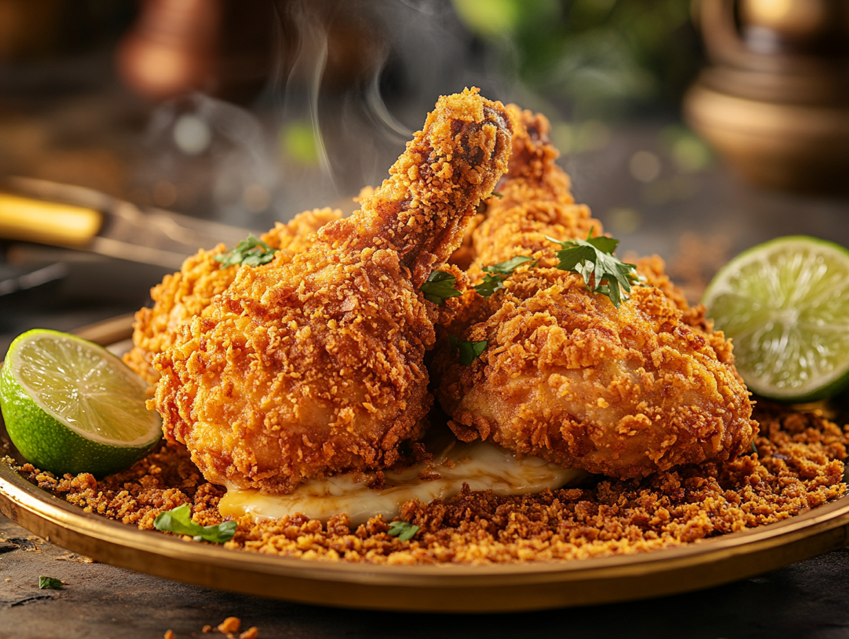 Food photography of fried chicken with melted cheese.