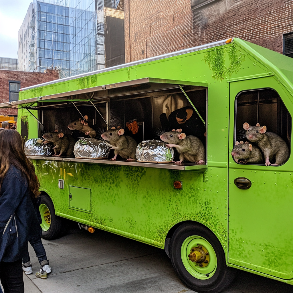 Food truck with rat chefs serving large hunks.