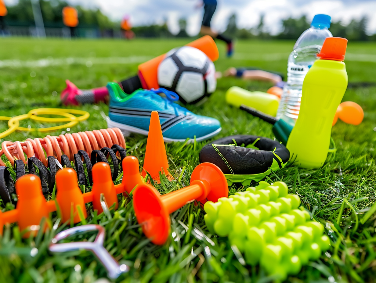 Football Training Equipment on Grass Field