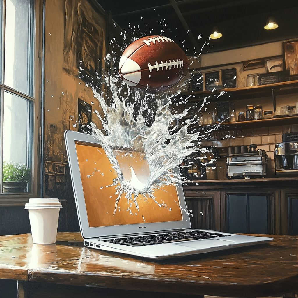 Football breaking laptop screen in coffee shop painting