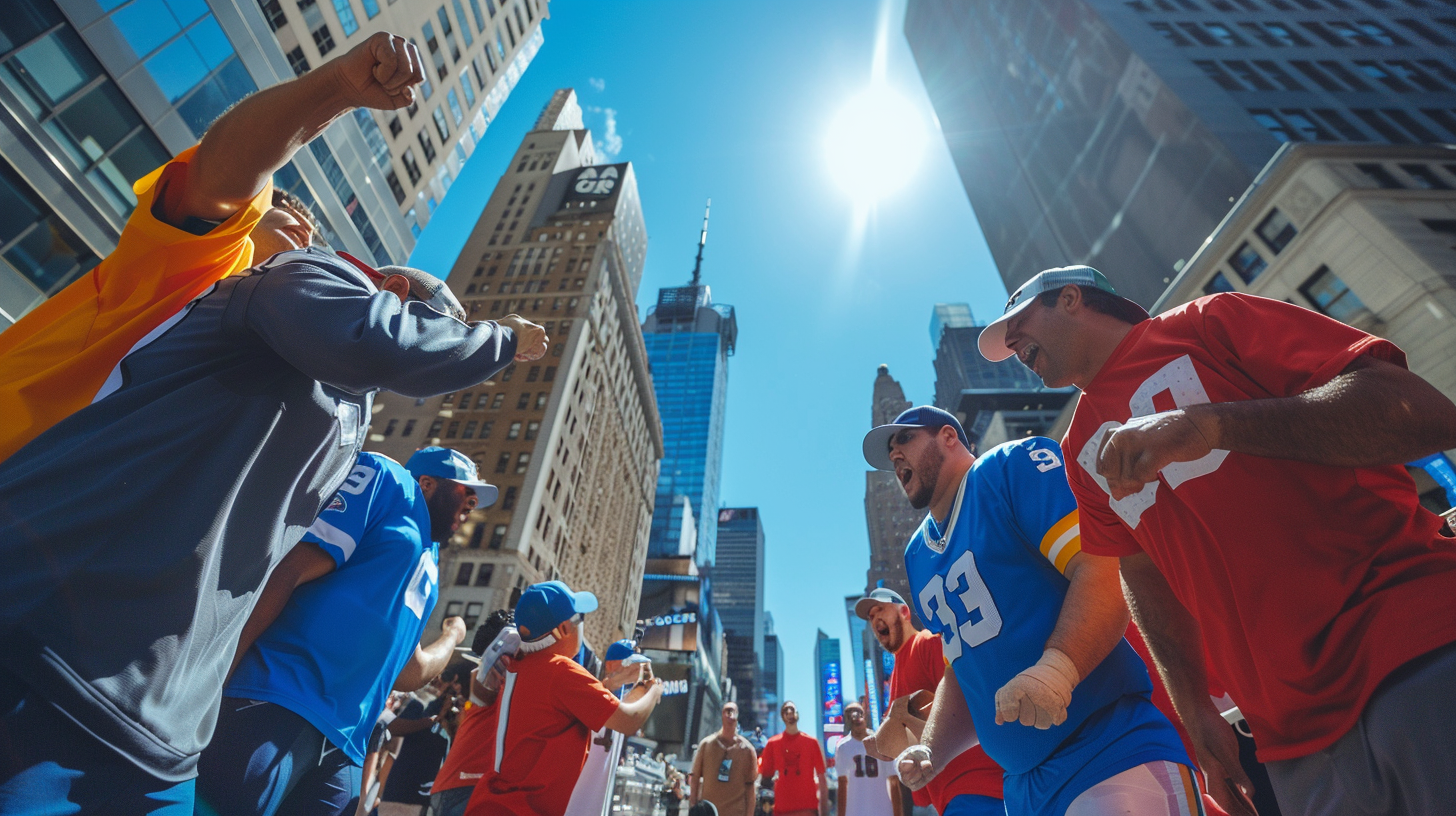 Football fans in blue and red Uniforms arguing