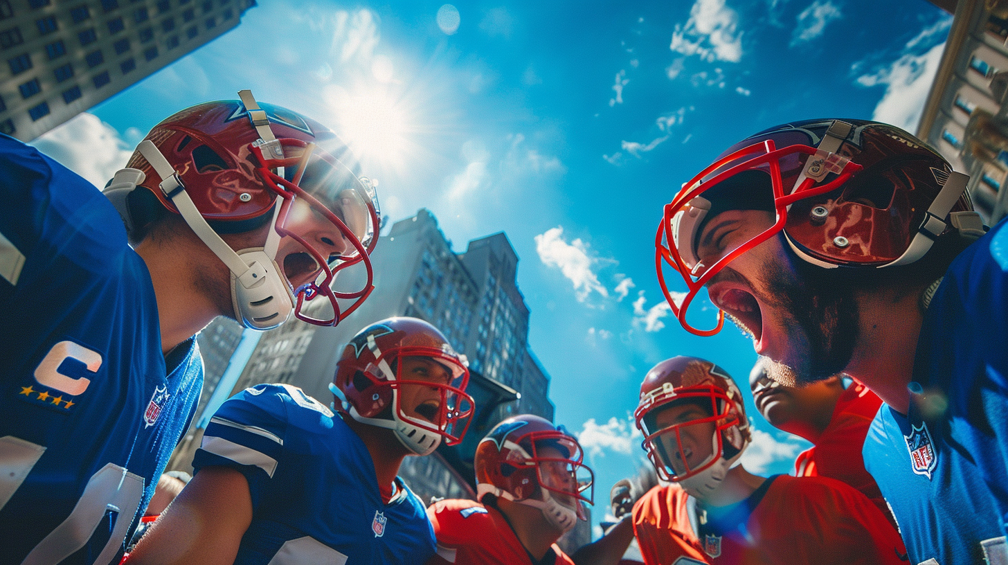 Football fans in blue and red yell dramatically