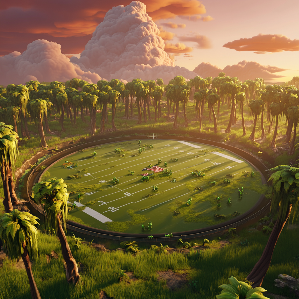 Football field with swamp, monsters, trees, storm clouds.