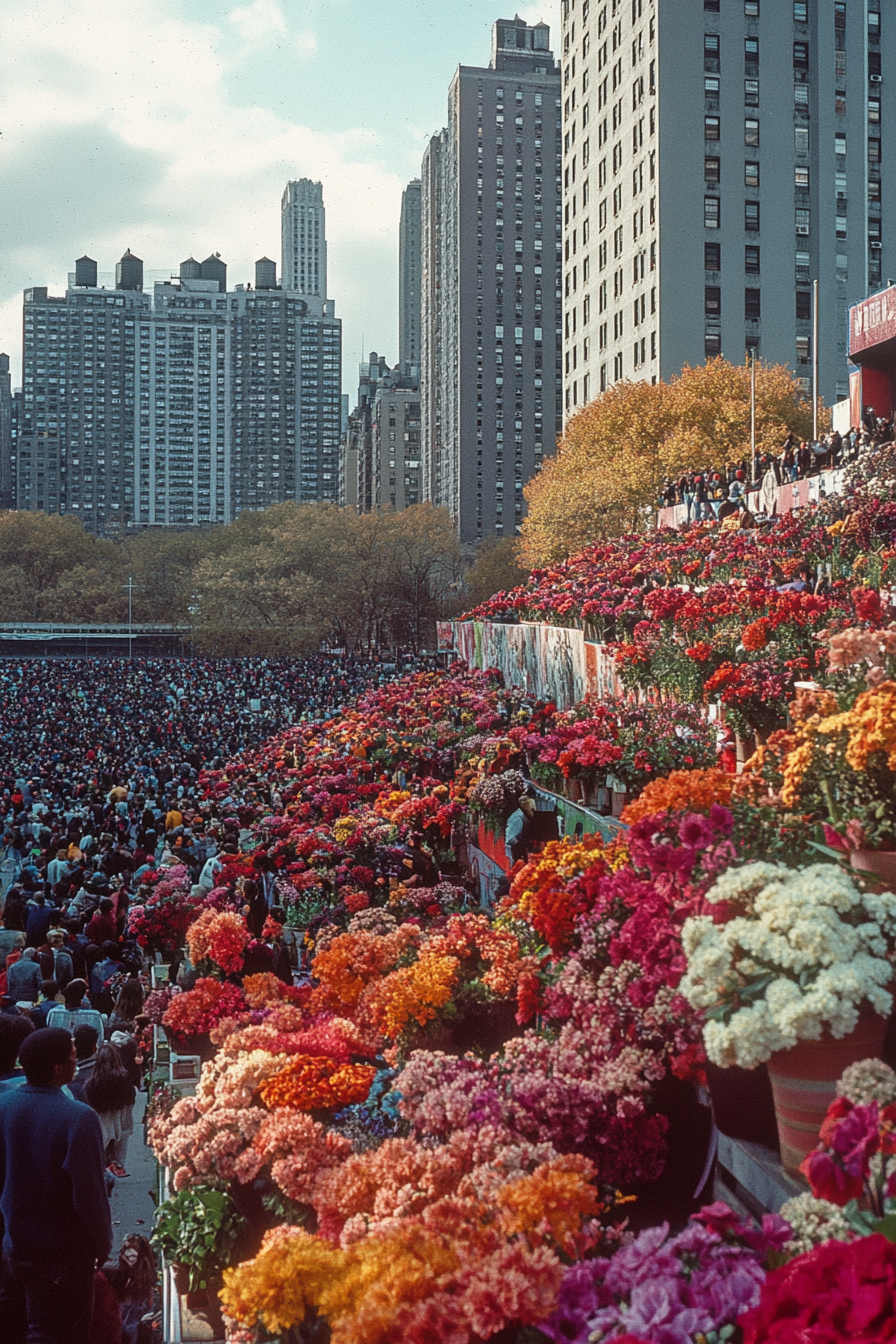 Football stadium in NYC, Fall, crowded streets, flowers overflowing.