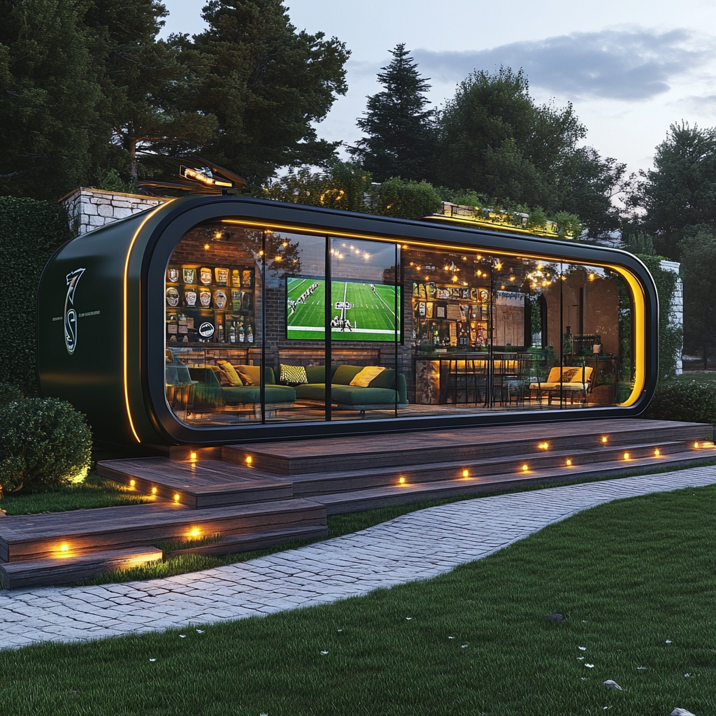 Football-themed man cave camper pod on hillside with gardens.