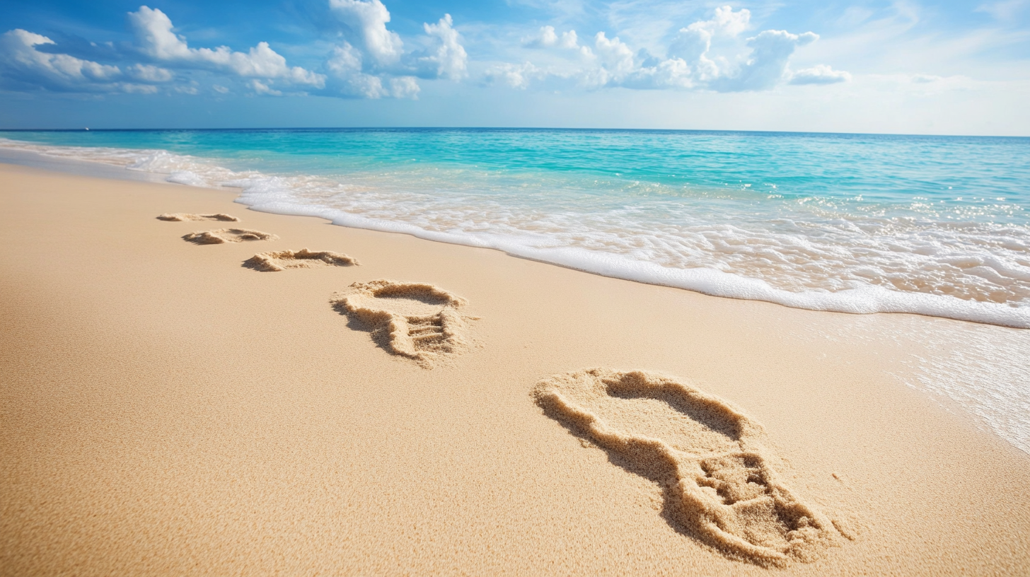 Footprints on beach leading to SMART goal horizon.