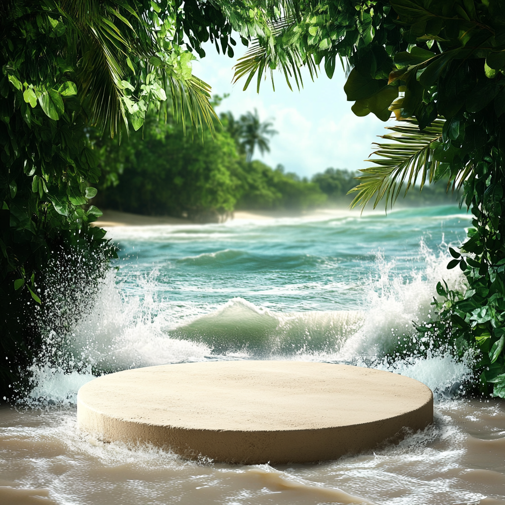 Foreground podium with sand table, sea, forest background. waves.