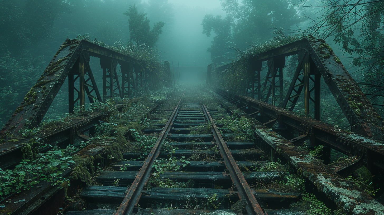 Forest, railway tracks, rusted metal, broken train cars.