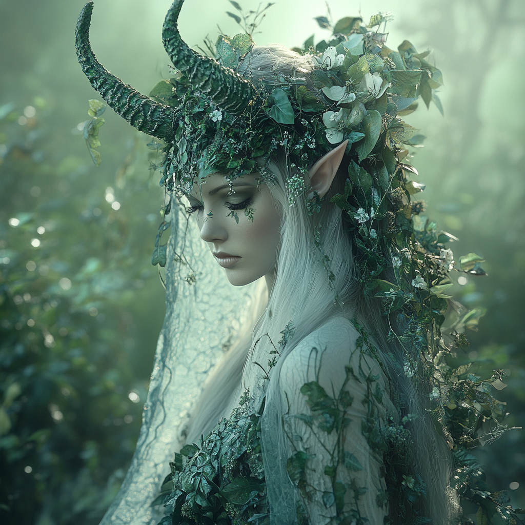 Forest Diva with Horns, Tiara, Veil, Dress, Mystical Environment