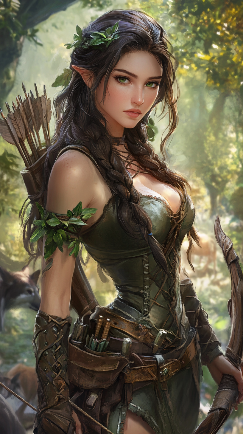 Forest Ranger with long dark hair, green eyes, bow.