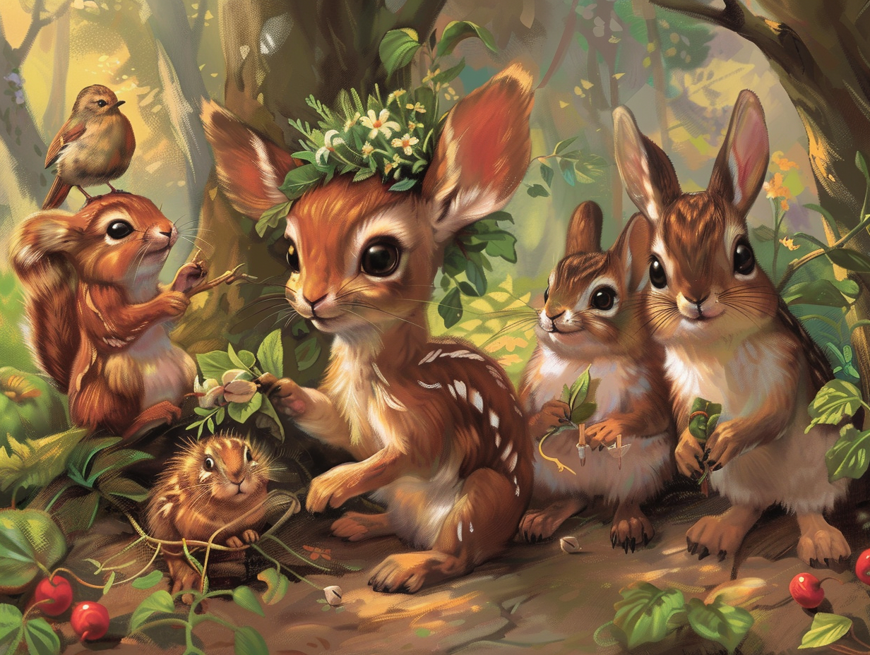 Forest animals helping bunny with tools, cheerful and friendly.