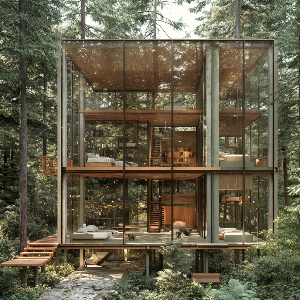 Forest cabin design with two stories, bunk bedrooms, atrium.