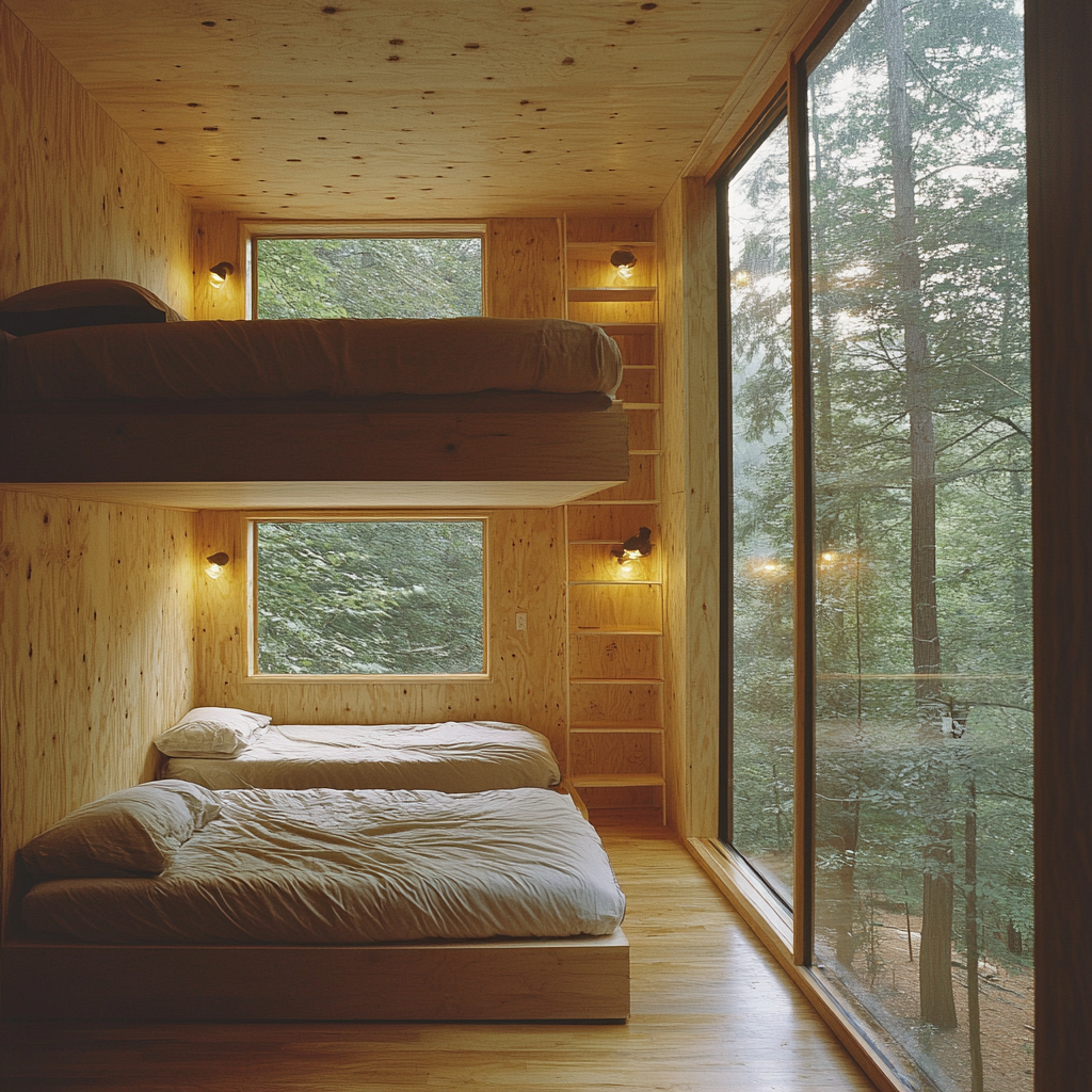 Forest cabin with bunk beds, raining view, split level