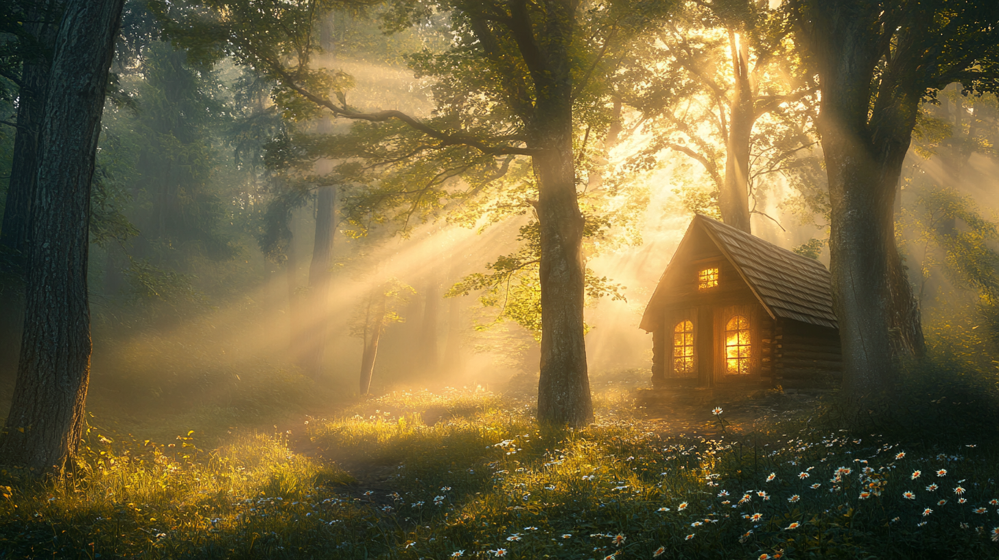 Forest clearing sunrise, light through trees, cabin glow, wildflowers.