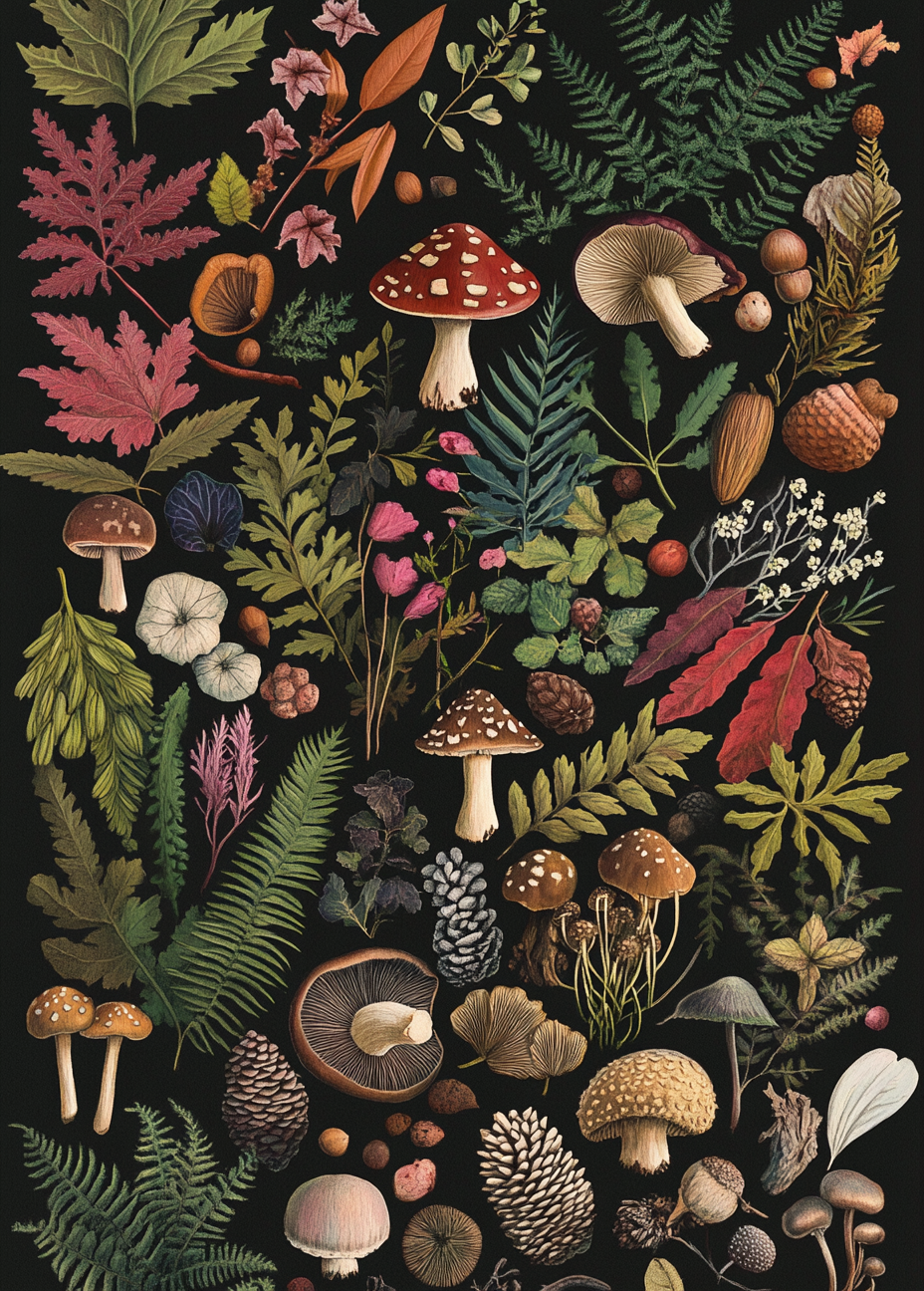 Forest plants and mushrooms arranged beautifully on black.