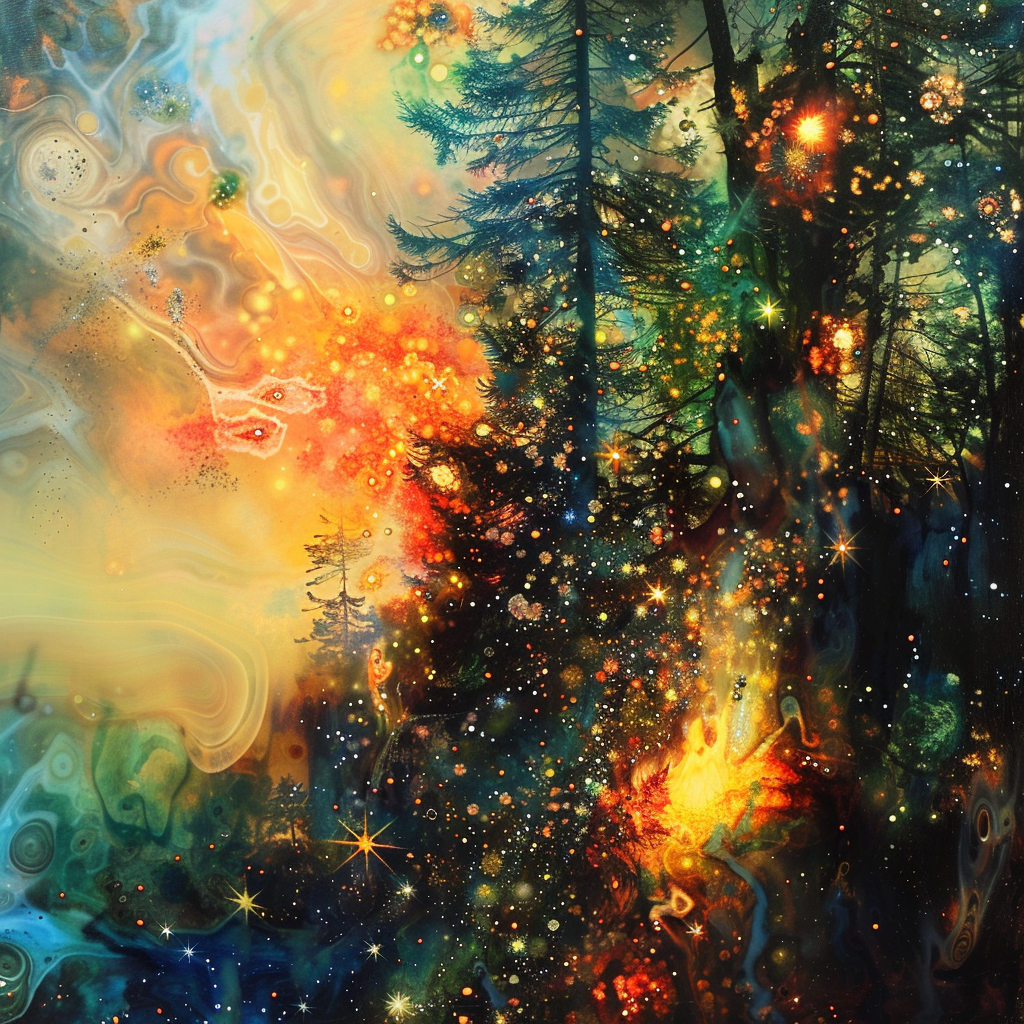 Forest spirit summoning fire in liquid galaxy forest.