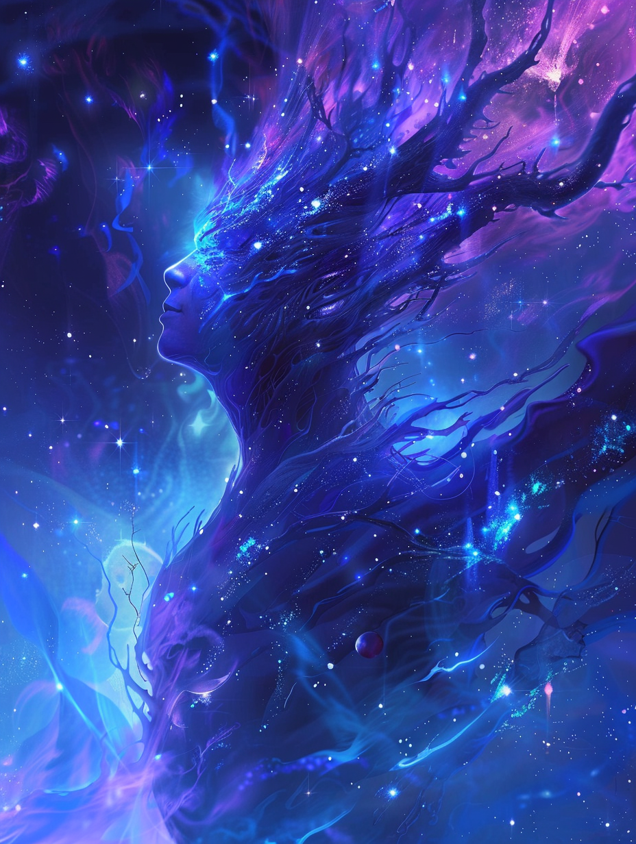 Forest spirit talking to smoke spirit in galaxy wonder.