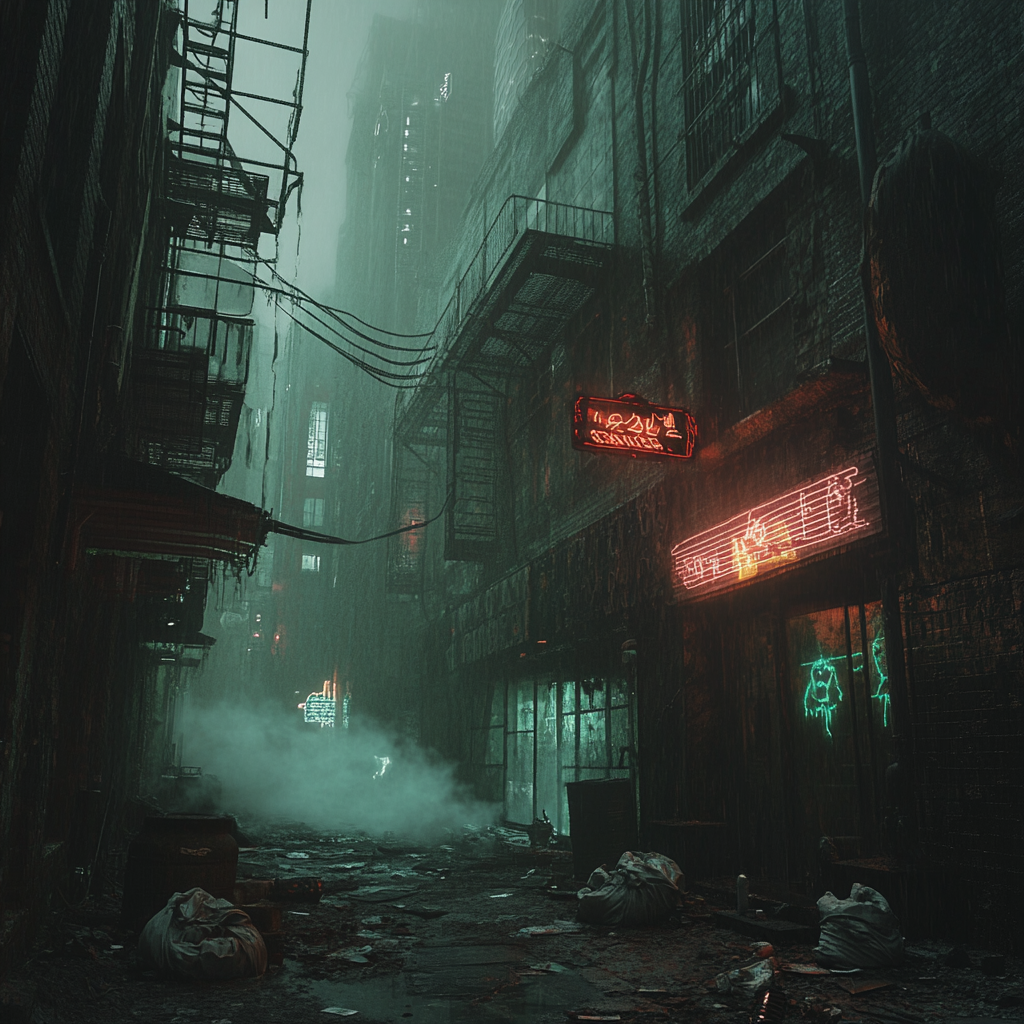 Forgotten alleyway with occult markings, ominous glow, and figure watching.