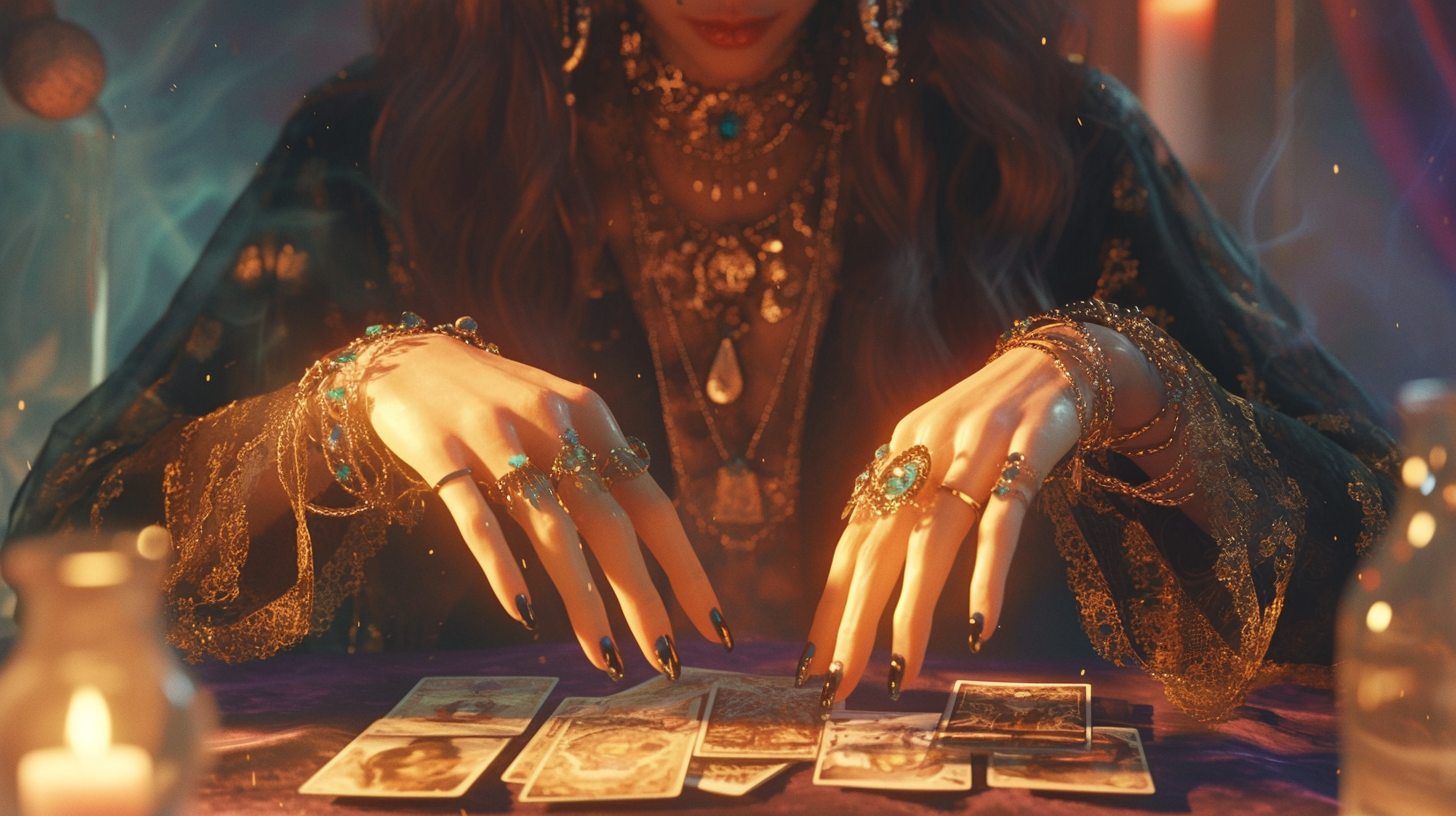 Fortune teller's hands reading tarot cards with mystical symbols