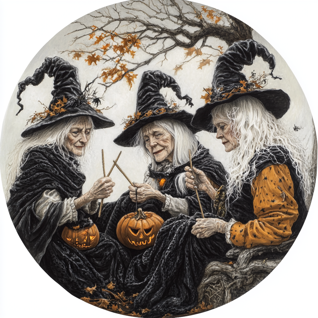 Four 55-year-old witches knitting black scarf. White hair