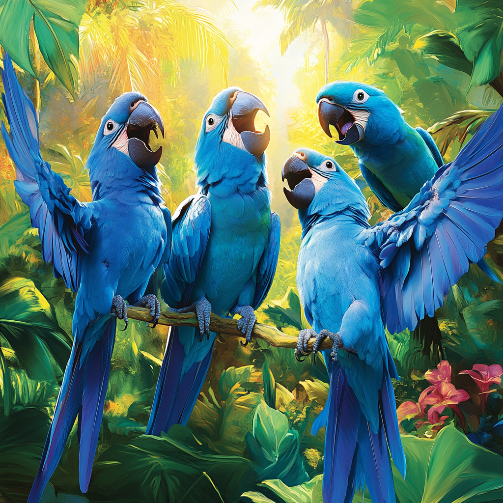 Four Blue Parrots in Tropical Dance Party