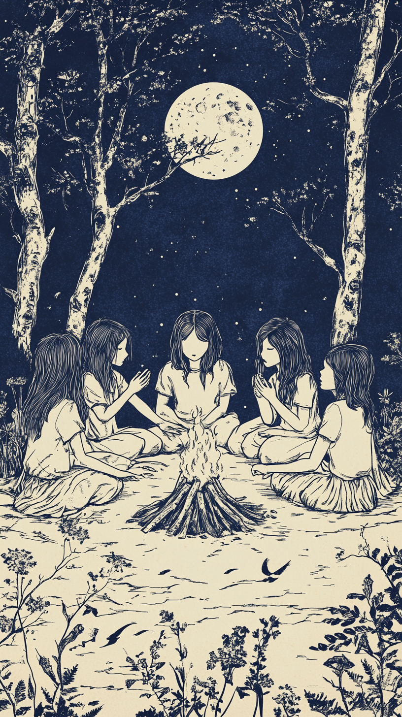 Four Girls Performing a Seance Around Campfire