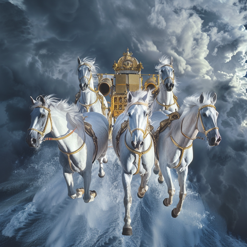 Four White Horses Pulling Golden Chariot through Storm