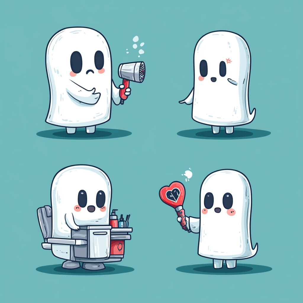 Four adorable ghost characters doing different jobs