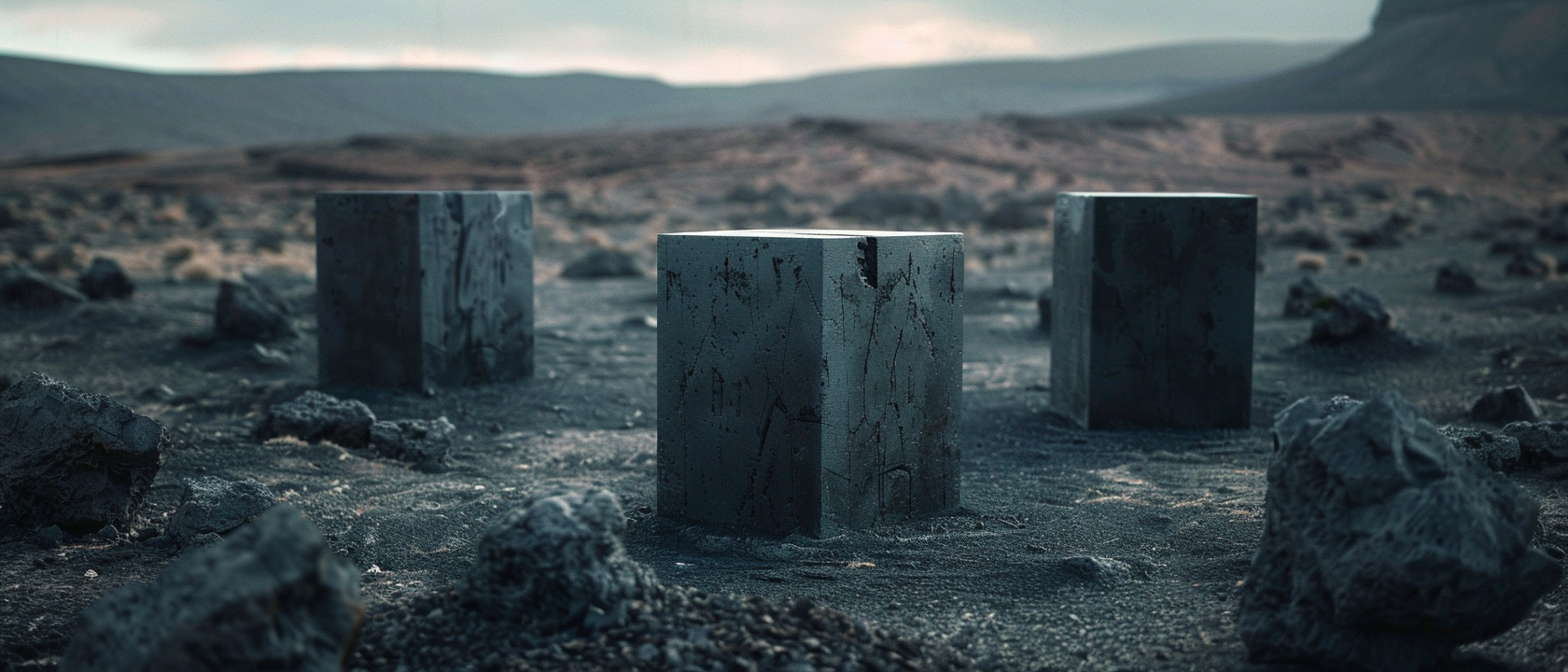 Four cement shapes in desert landscape with rocks