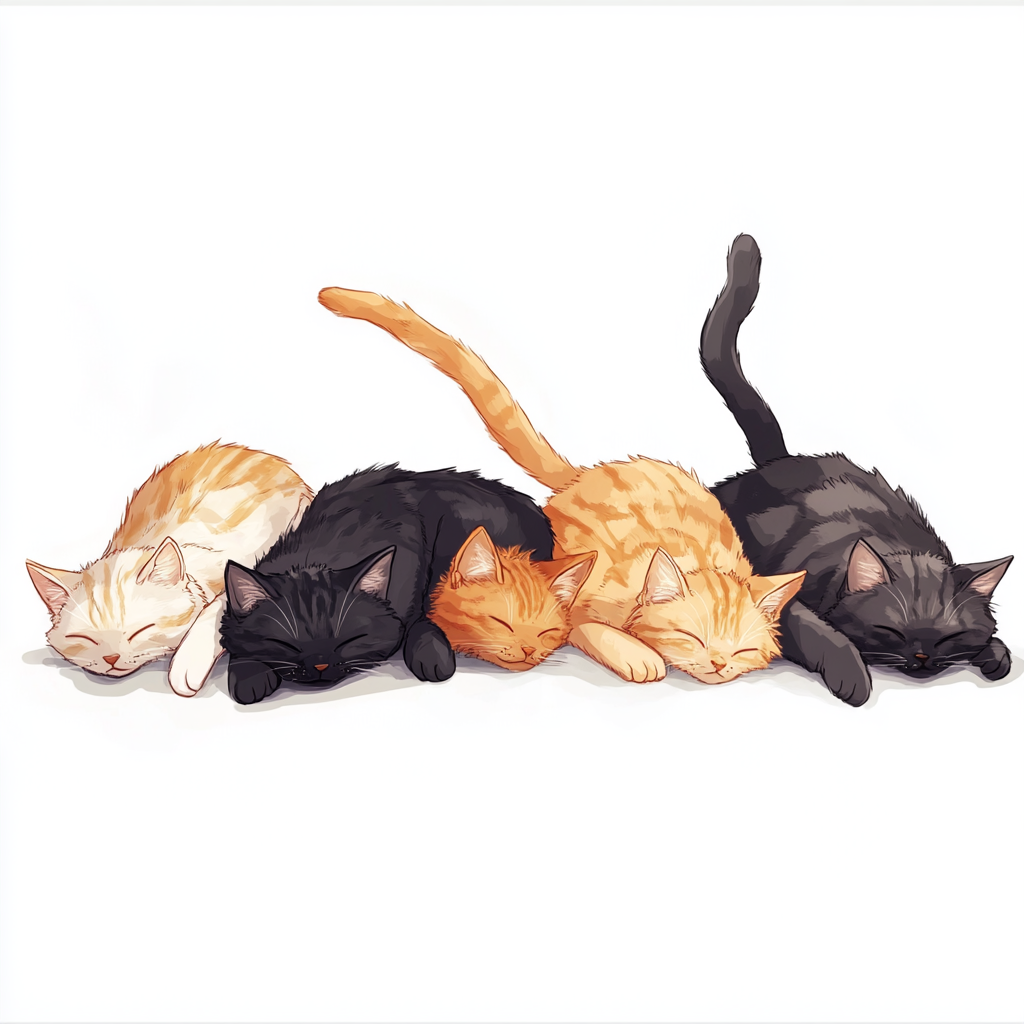 Four colorful cats sleeping with tails up.