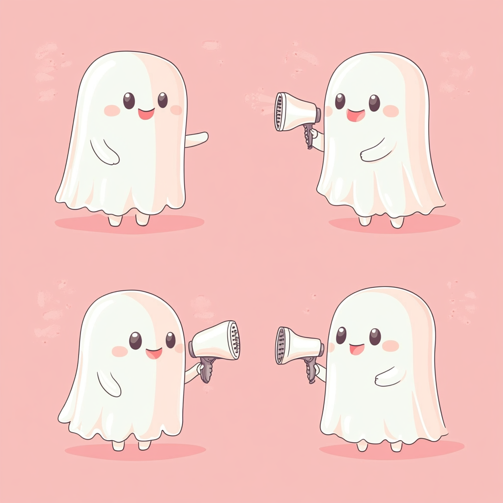 Four cute ghost hairstylists in various fun poses