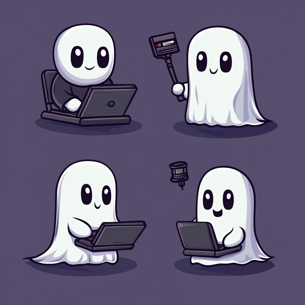 Four cute ghosts with laptop, in different poses