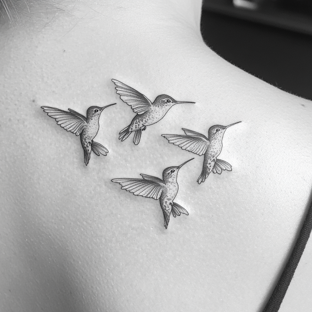 Four delicate hummingbirds in a row on shoulder.