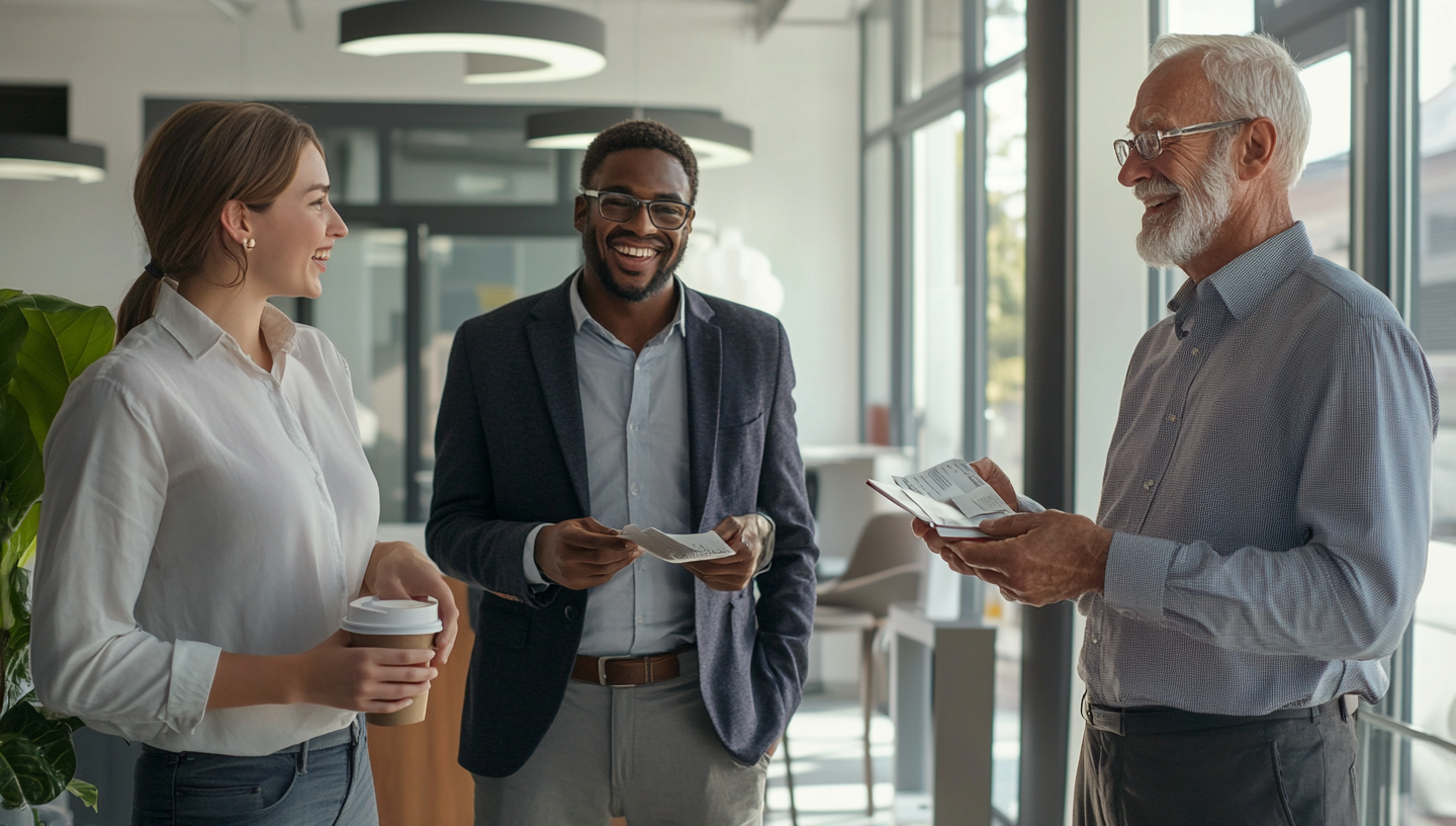 Four diverse professionals chatting in open office, smiling.