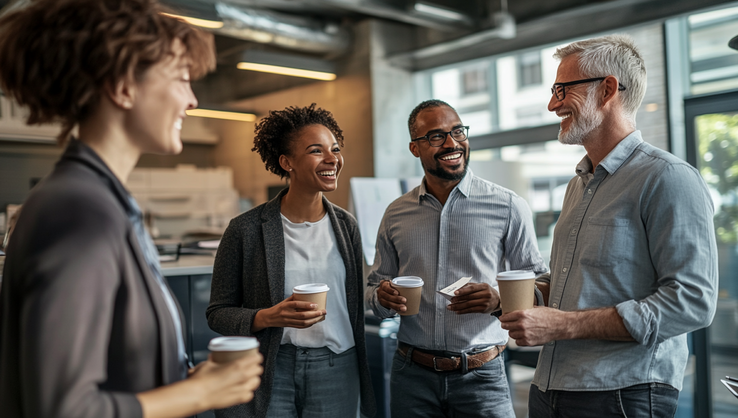 Four diverse professionals laughing and chatting in office.