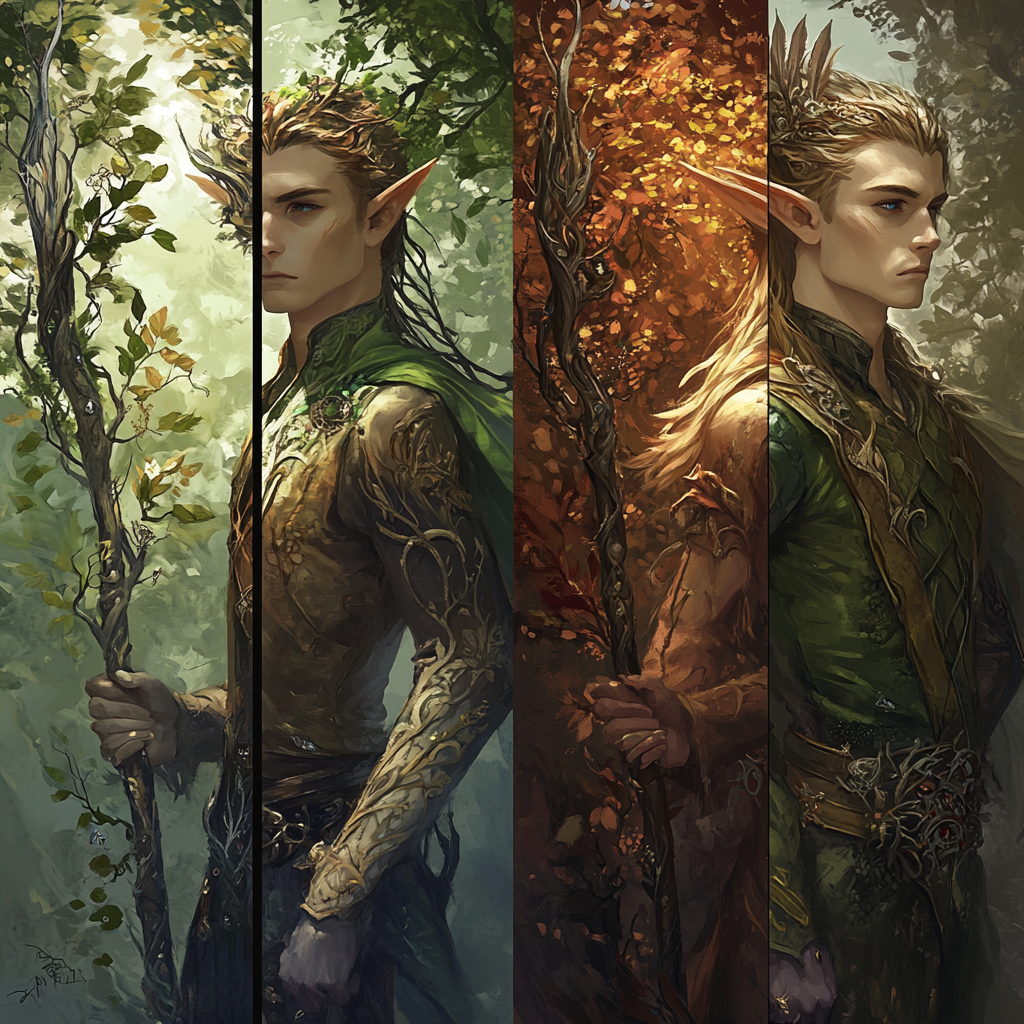 Four fantasy art images of male elf changing seasons.