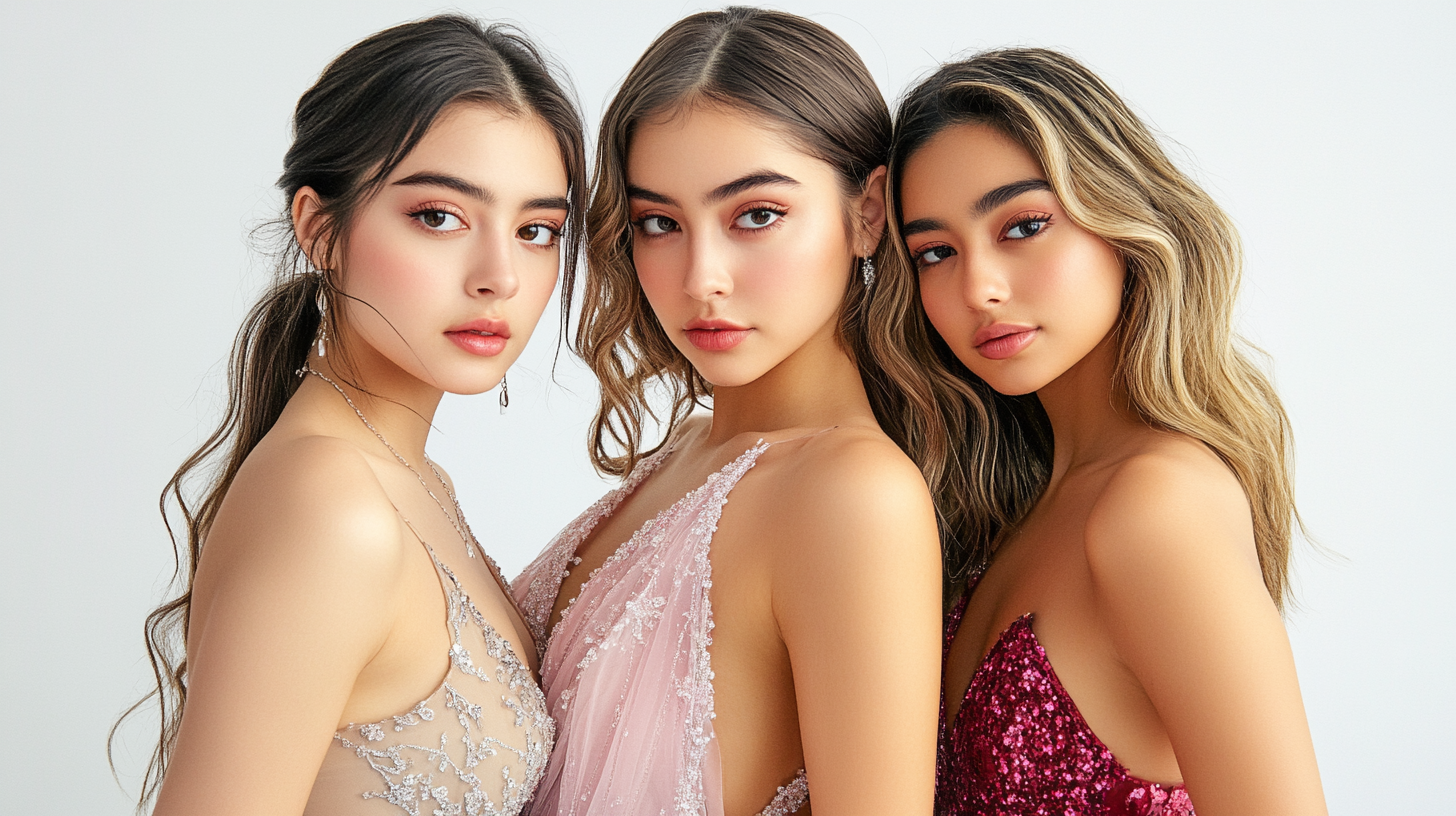 Four female teen models in short prom dresses.