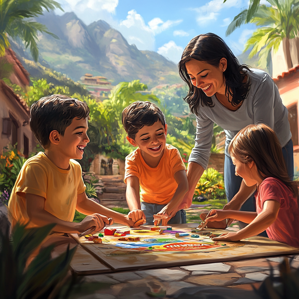 Four kids playing games, mom watching, Chilewea logo visible.