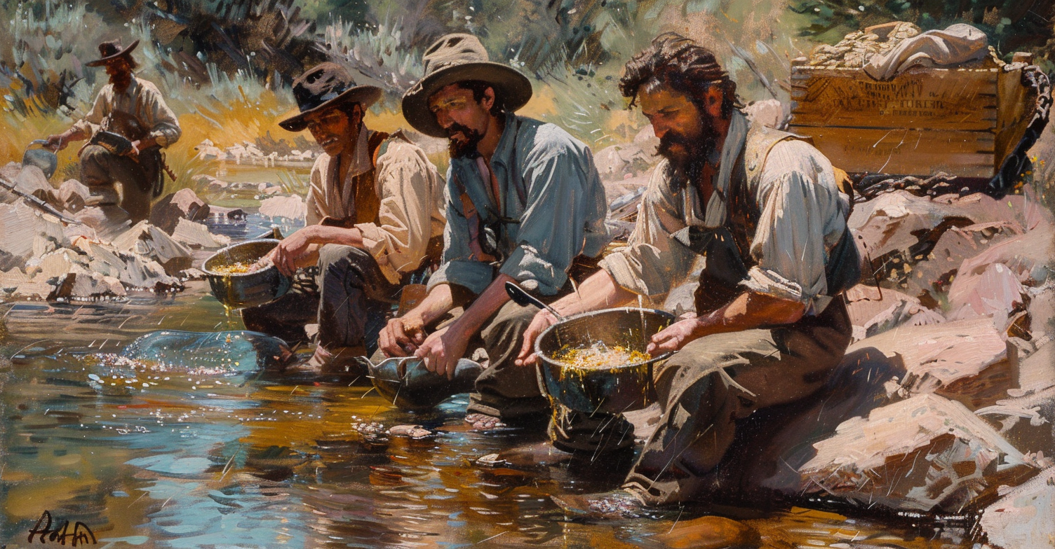 Four men gold panning, one sitting with blue shirt.