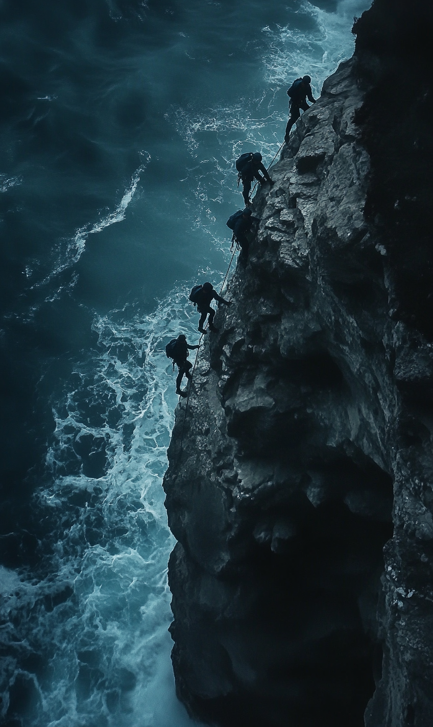 Four people climbing spooky British cliff, menacing sea.