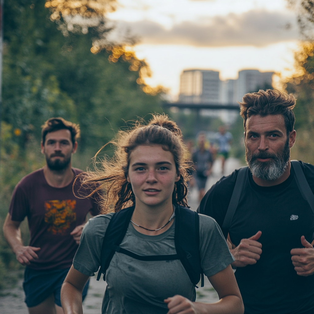 Four people jogging together at Stralau Island, Berlin.