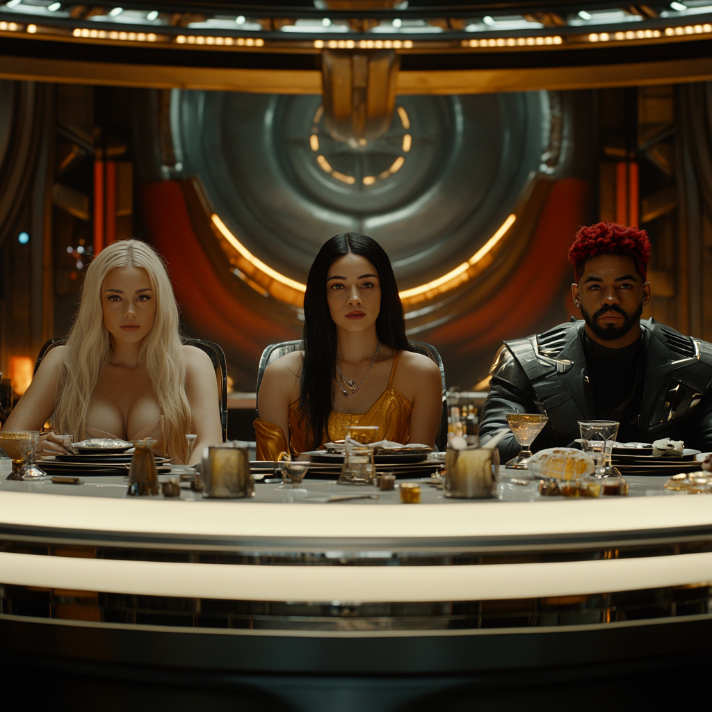 Four people of different races dine at buffet.