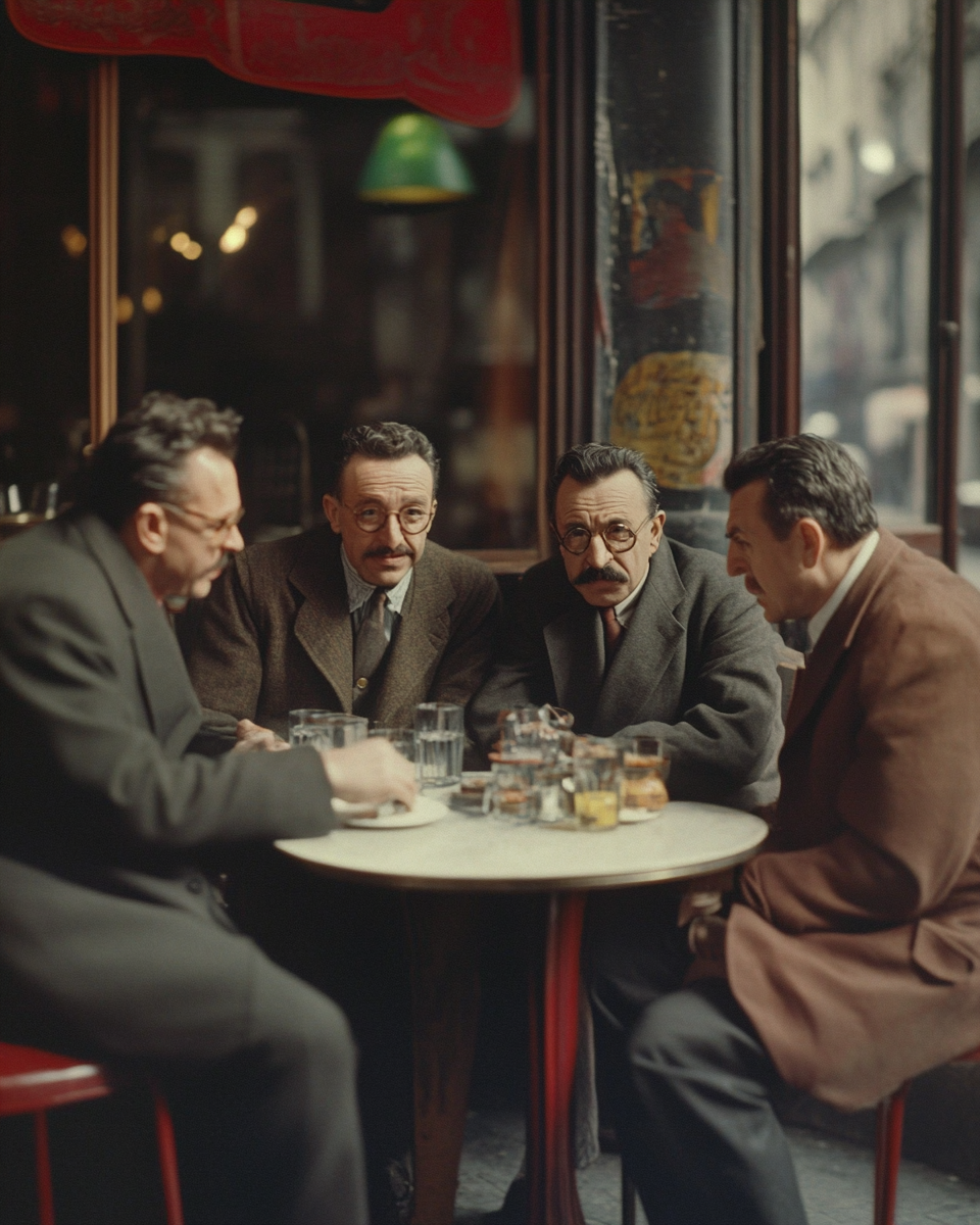 Four philosophers in 1950s Parisian café, discussing ideas.