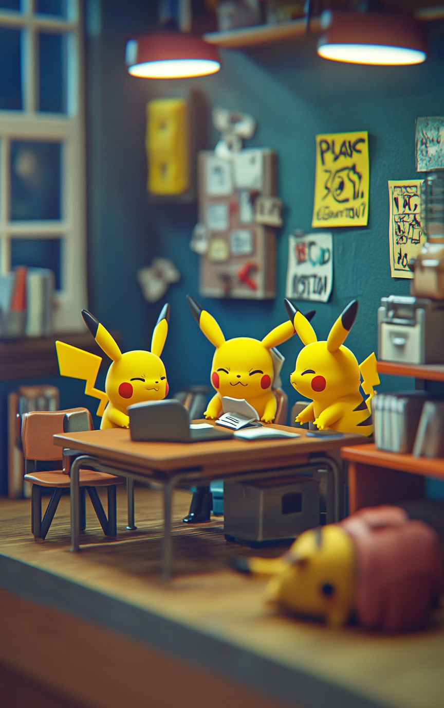 Four pikachus studying in a college classroom, one napping.