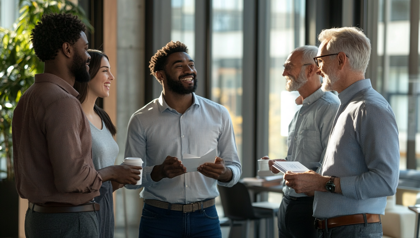 Four professionals in open office, smiling, talking, coffee.