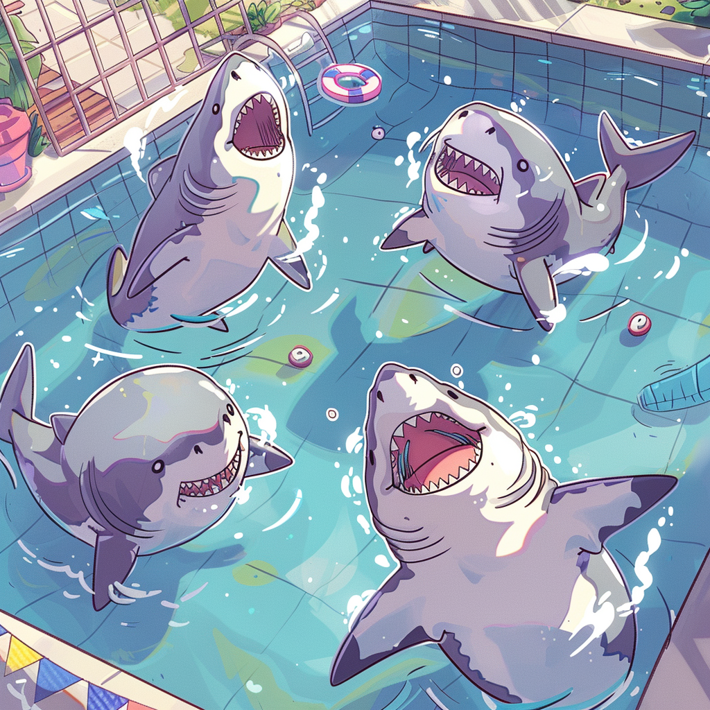 Four sharks playing happily in a pool.