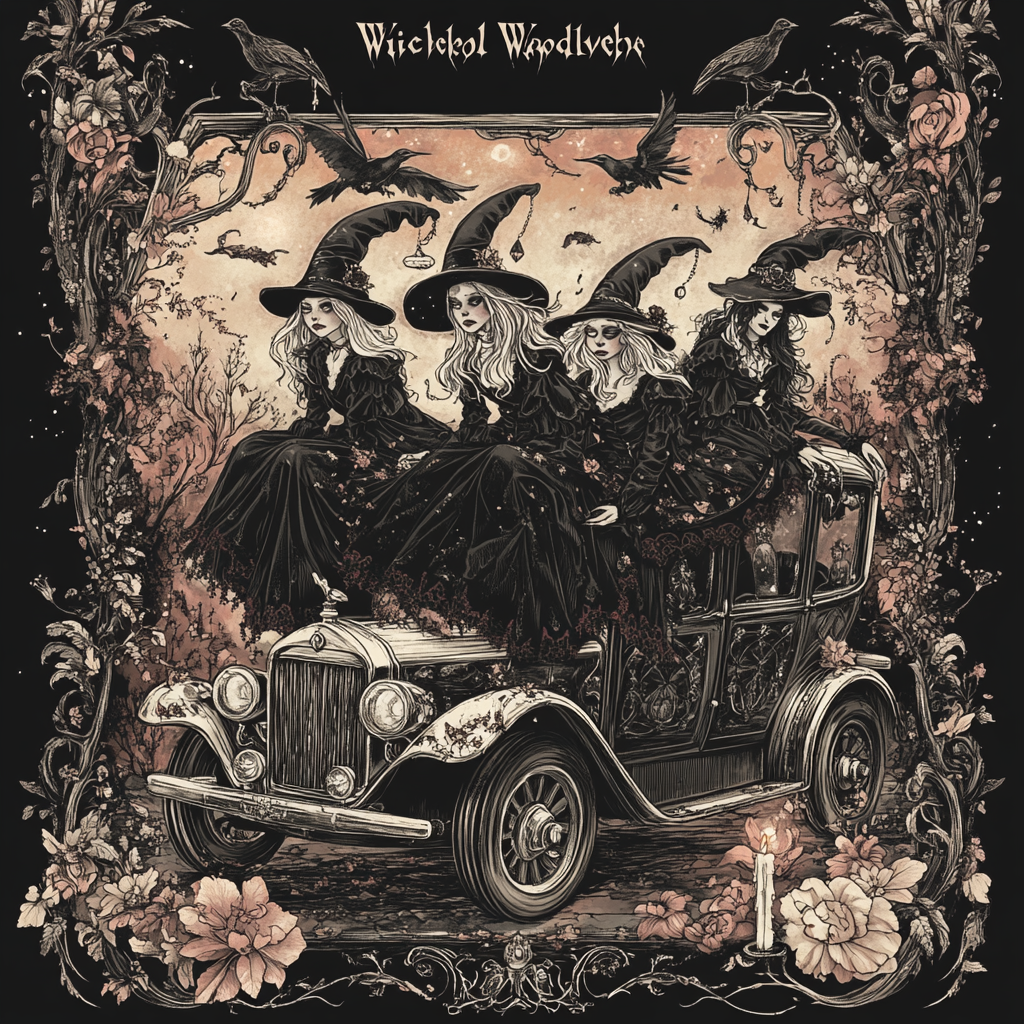 Four witches atop a decorated hearse on 'Wicked Wednesday'